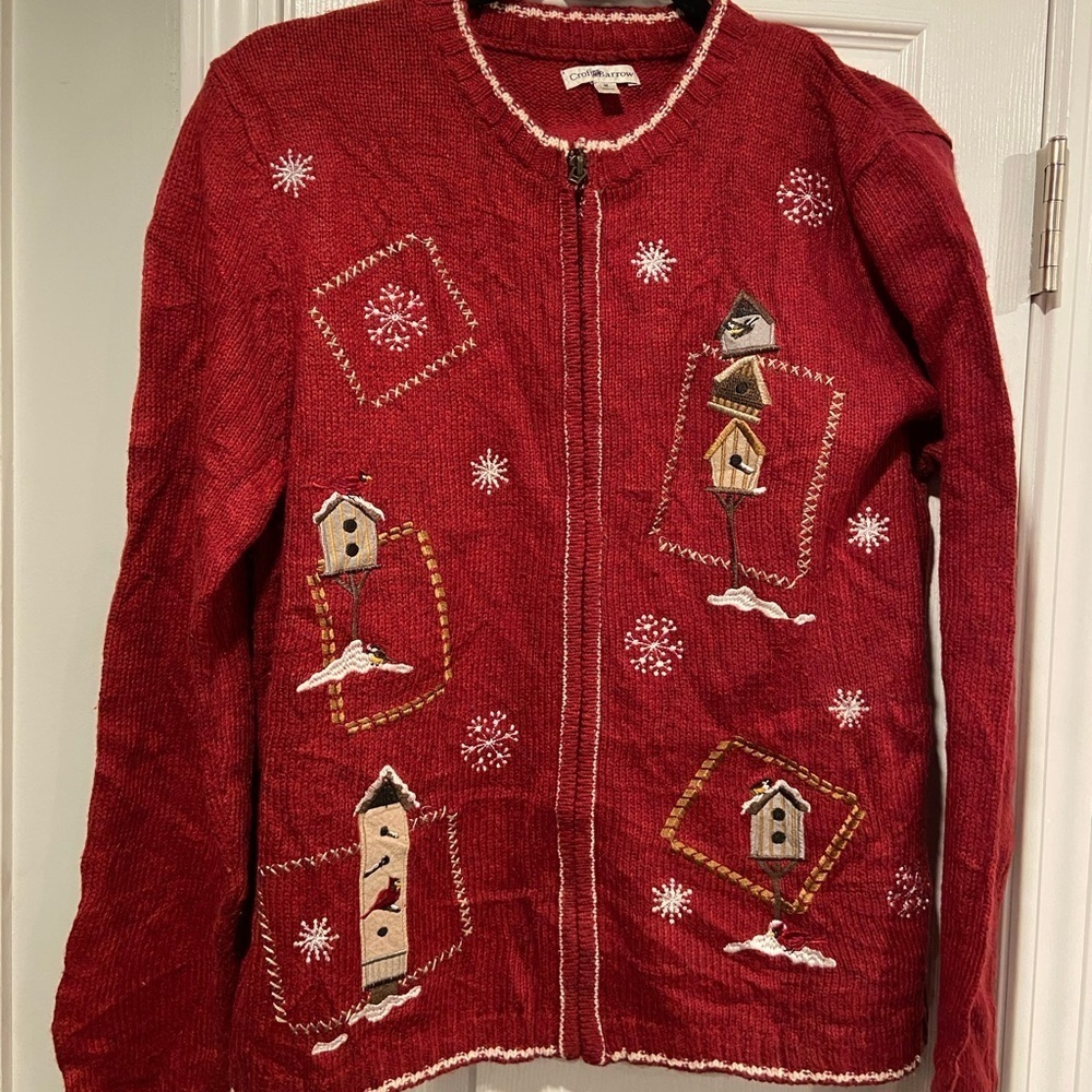 VTG Croft & Barrow Size M Red and White Cardinal Snowflake Knit Full Zip Sweater